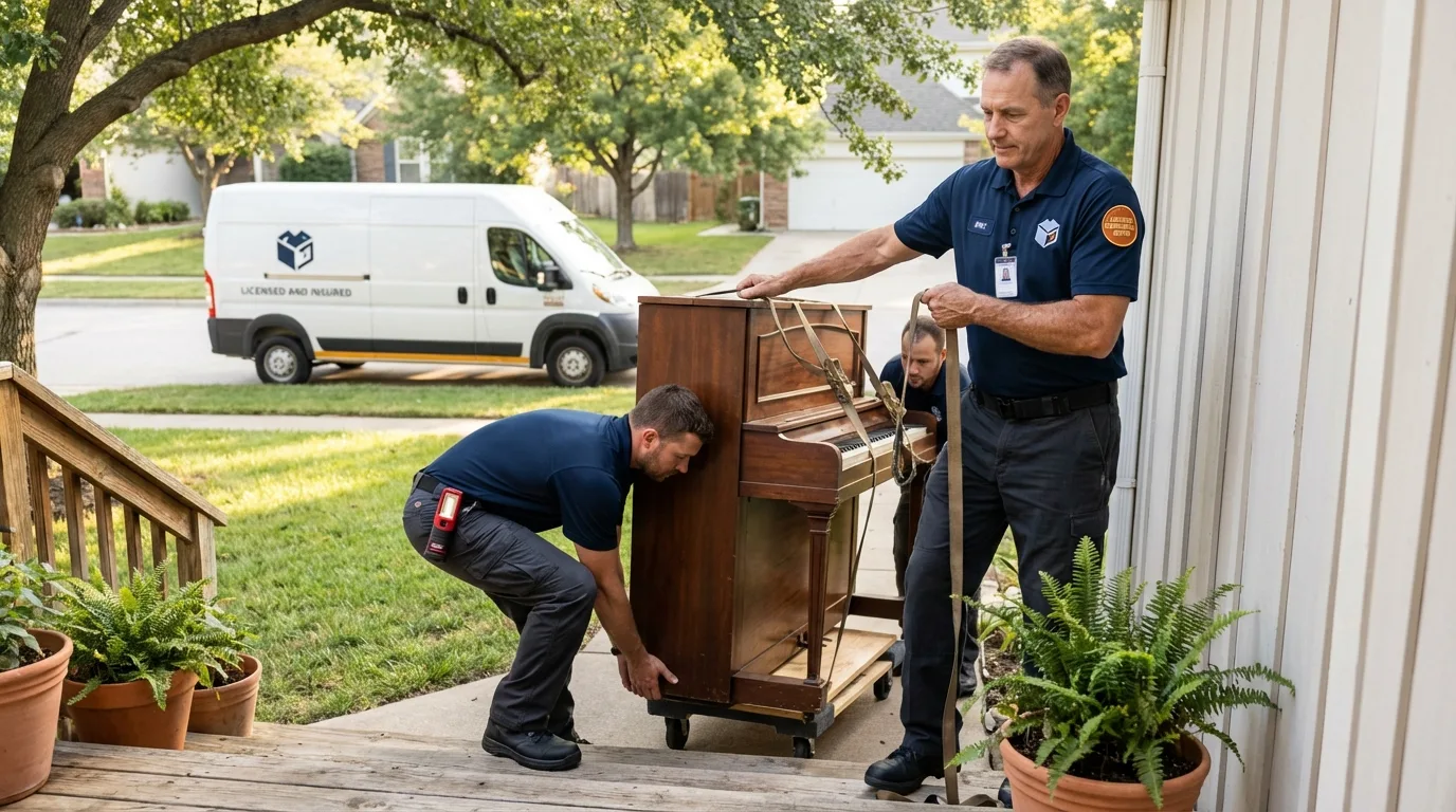 Licensed piano movers securing grand piano in Jacksonville, OR