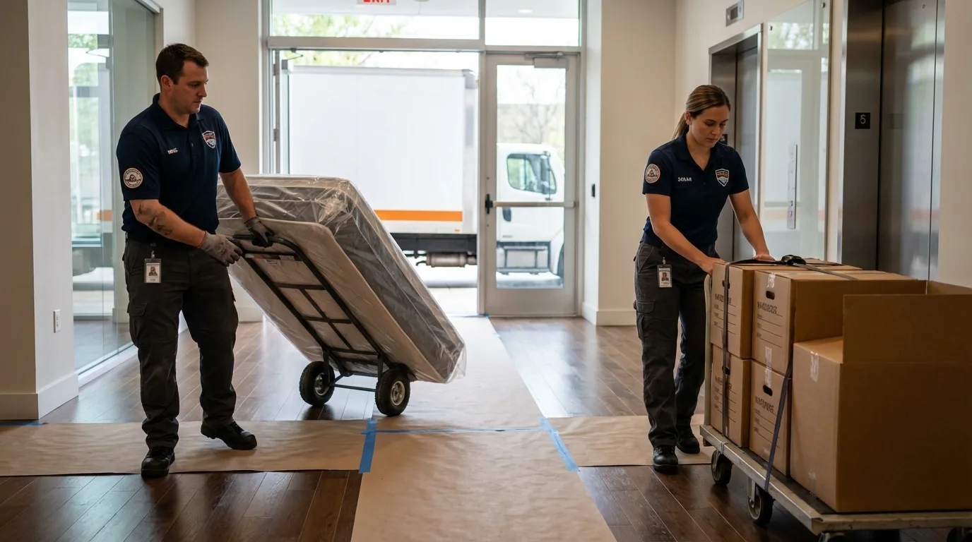 Professional apartment movers loading elevator in Jacksonville, OR