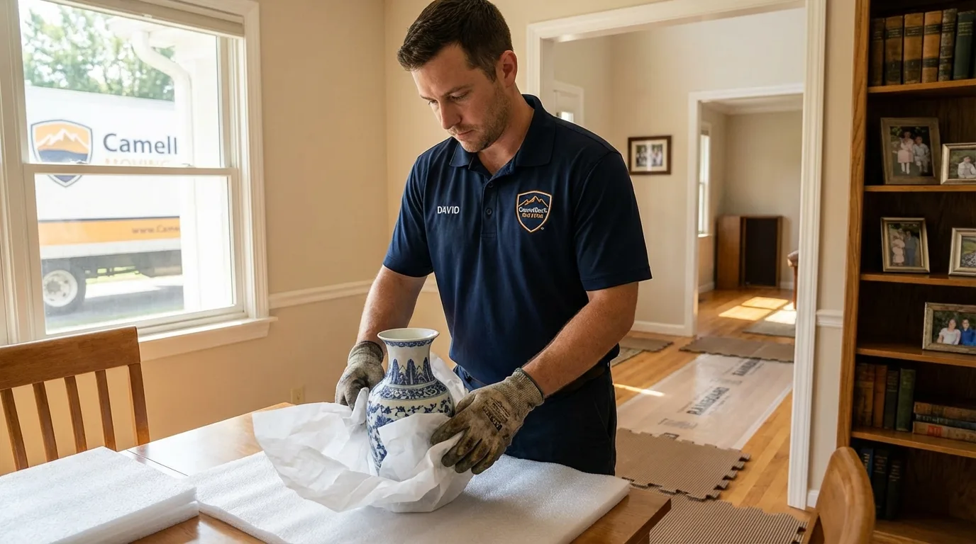 Professional crew carefully wrapping antique vase for senior downsizing move in Jacksonville, OR